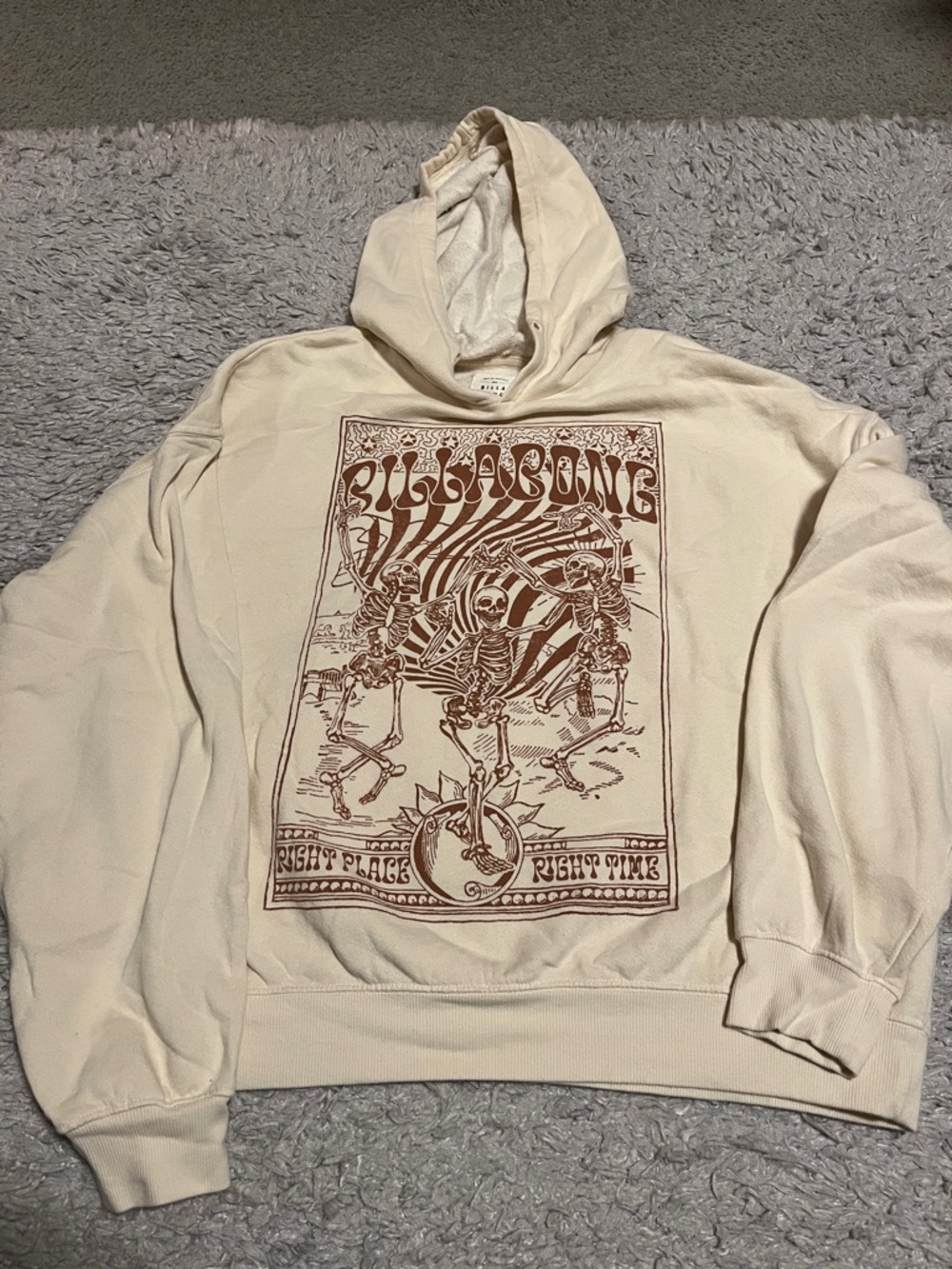 Billabong Cream Pullover Hoodie with Brown Skeleton Graphic